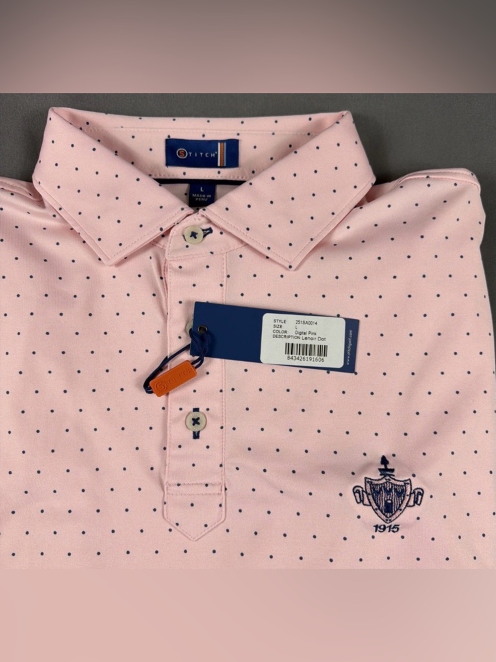 Stitch Golf Shirt Polo Chest Logo Lenoir Dot Print Large Pink NWT MSRP $118 - Picture 2 of 5